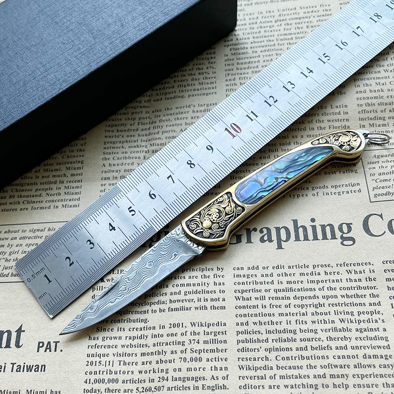 户外锋利小刀中花铜大马士革折叠刀 野外求生随身刀具礼品收藏刀