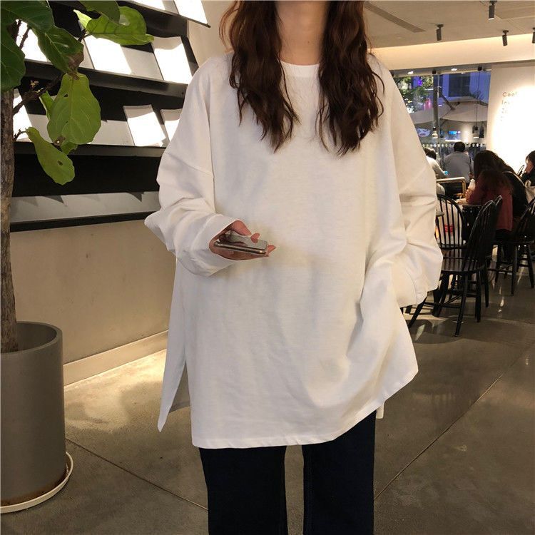 Two Sides Split Long-sleeved T-shirt Women's Autumn New Loose All-match ins Base Shirt Elegant Top Trendy