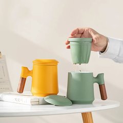 陶瓷馬克杯茶水分離辦公茶杯三件套木柄防燙個人杯商務伴手禮LOGO