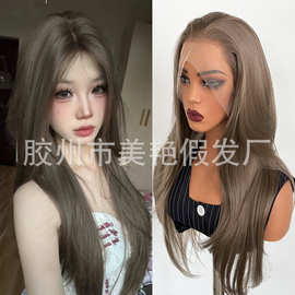 灰棕色自然曲度分层长直发13*4前蕾丝手勾哑光高温丝化纤假发
