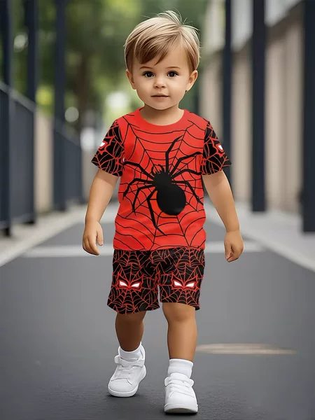 Cross-Border Foreign Trade 26 Summer Cartoon Print Color-Blocking Short-Sleeve T-Shirt + Shorts Two-Piece Casual Set for Small and Medium-Sized Boys