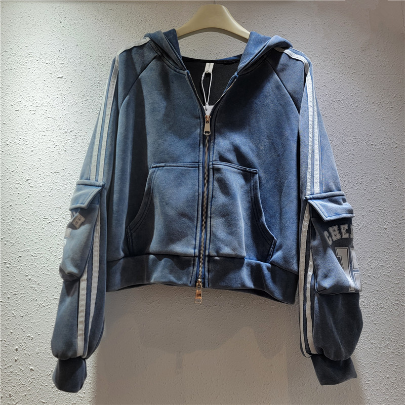 Vintage gris de manga larga chaqueta encapuchada abrigo de mujer relajado estilo delgado corto abrigo