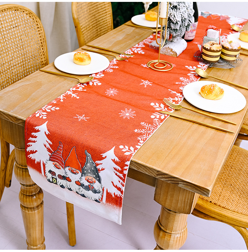 Décorations de Noël pour la maison et le jardin Chemin de table en forme de flocon de neige avec un vieil homme dans la forêt, nappe pour la maison, napperon imprimé_voghion.com