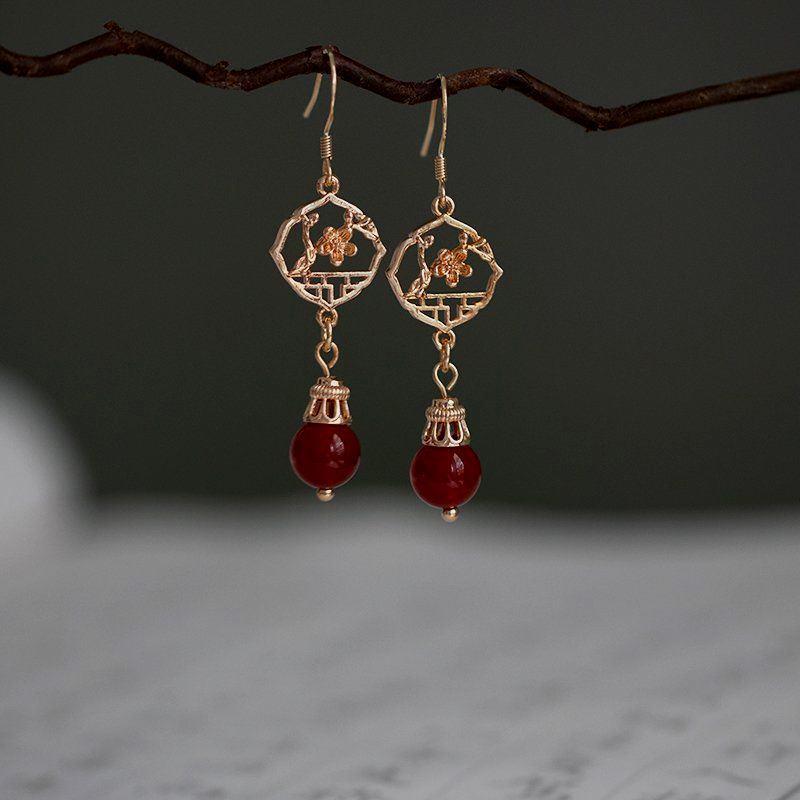 XIUHE 귀걸이 QINGFENG JIMING 송이 만든 한푸 레드 925 귀걸이 귀 클립 골동품 결혼식 청삼 긴 귀걸이