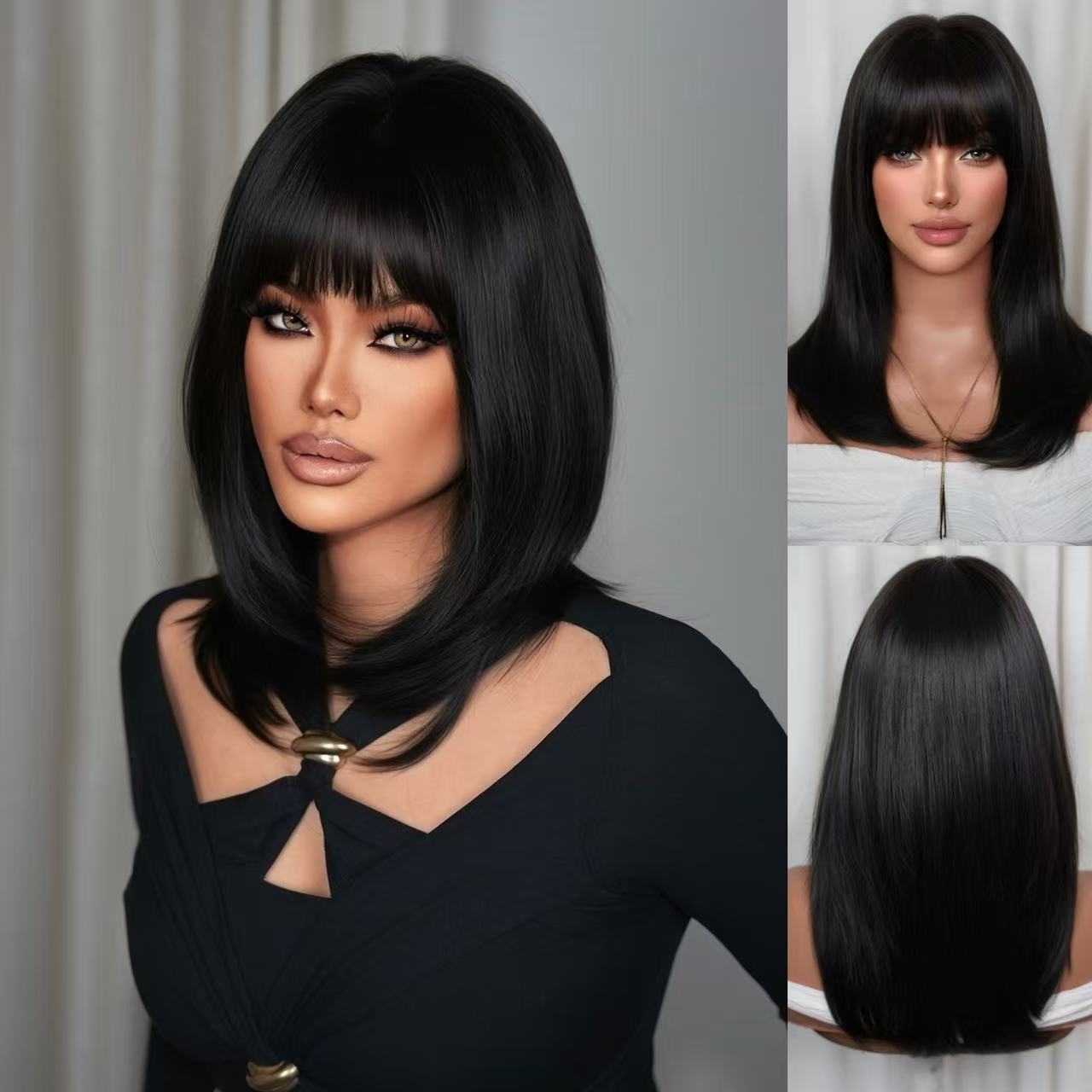 Cabeza de Bobo transfronteriza, cabello largo, cabello lacio, peluca, moda europea y americana, flequillo, cabello corto y liso, capucha