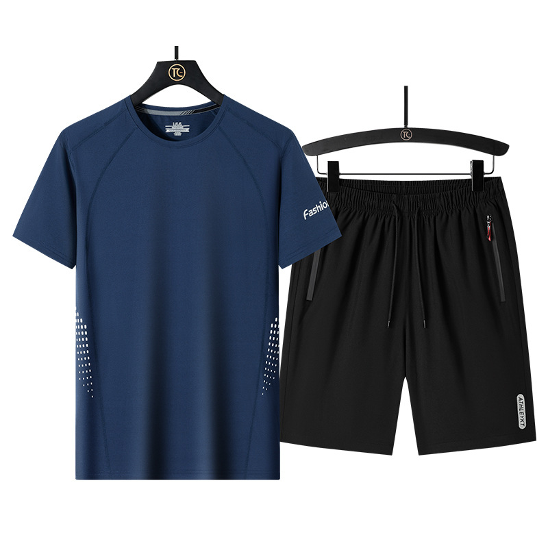 Traje deportivo de verano para hombres delgado seda de hielo casual manga corta dos piezas grandes pantalones sueltos transpirables rápidos secos para papá