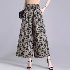 中高年ママ向け夏用薄手パンツ、伸縮性ハイウエストワイドパンツ、大きいサイズゆったりアイスシルク花柄パンツ、キュロット