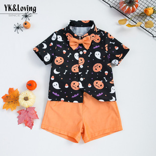 European and American Kidsren's Clothing Halloween Boys' Clothing Printed Pumpkin Shirt Shorts Suit Baby Party Gentleman's Dress