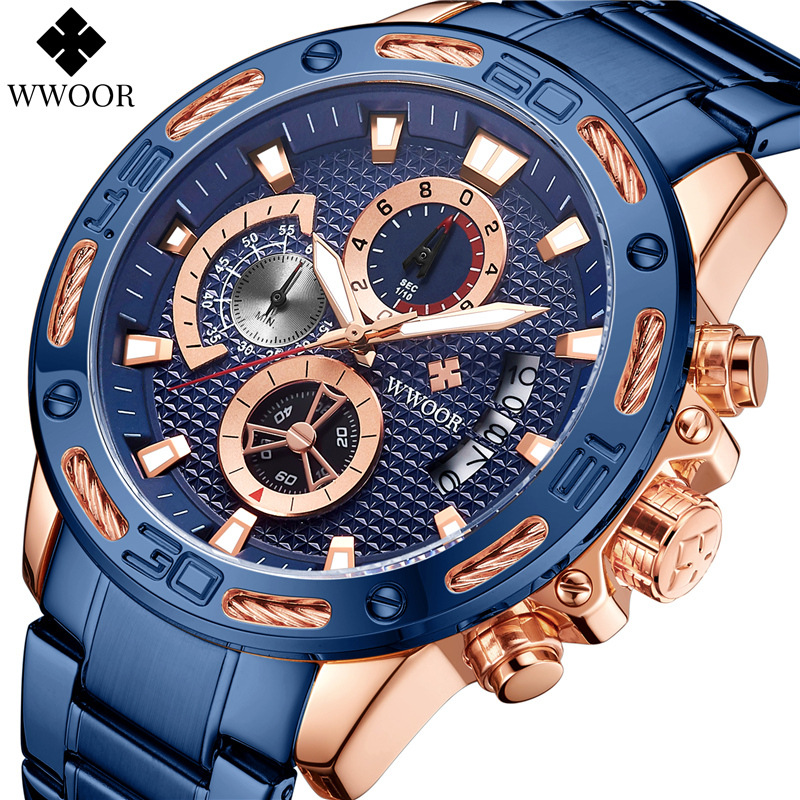 WWOOR 8879 correa de acero de los hombres reloj de cuarzo cuerda de acero seis pines multifunción calendario cronógrafo reloj de los hombres