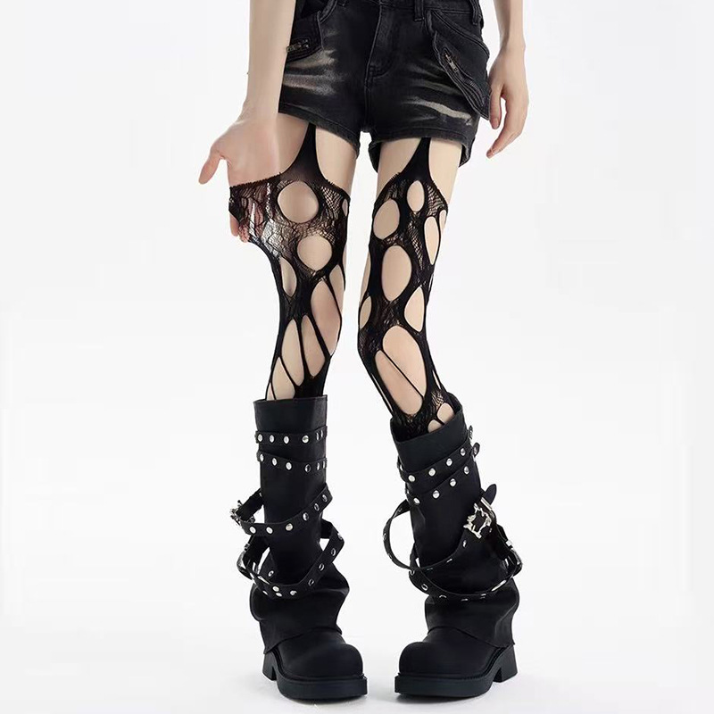 Vintage Irregular Hole Suspender Stockings Lace Fishnet Pantyhose