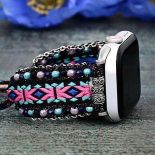 2024 European and American New Ethnic Style Jacquard Black Pink Chain Crystal Hand-woven Apple/Samsung/Phoebe Strap