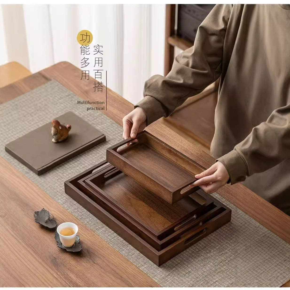 Nuevo estilo chino bambú madera rectángulo comedor hogar comercial té, café, bocadillos para el desayuno, bandeja simple de frutas secas