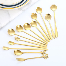 不锈钢长柄樱花勺金色玫瑰花勺伴手礼ins银耳勺搅拌方头勺树叶勺