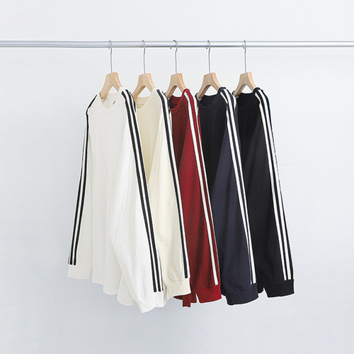 Pure Color Three Stripes 250g Heavyweight Ribbed Long Sleeve T-Shirt for Men Loose Early Autumn Color Block Shoulder-Style Round Neck Base Layer Top