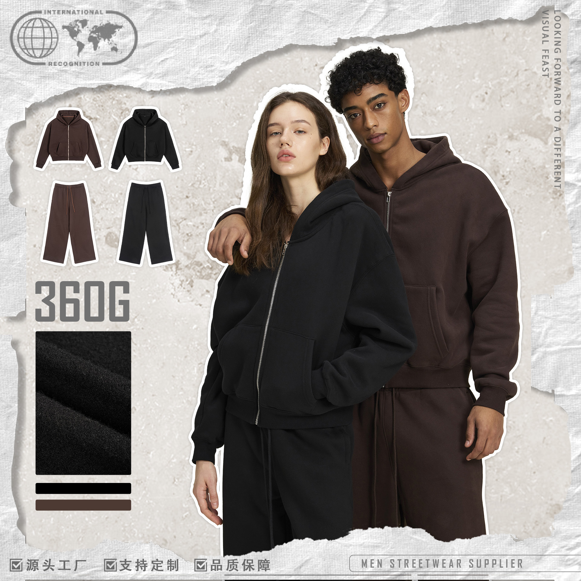 Etai Men's Autumn and Winter American Style Trendy Brand Hooded Sweatshirt Set Men's Solid Color Thickened Sports Sweatpants Loose Casual Style