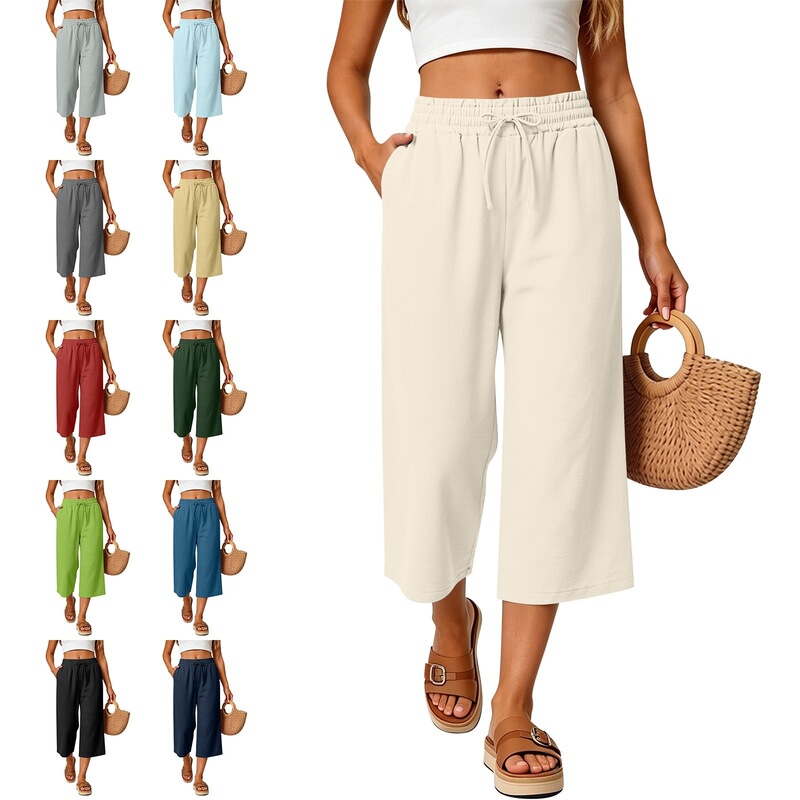 Elastic waist drawstring linen casual sports beach cropped women's pants with pockets, straight-leg style, thin summer design, slimming effect Elastic waist drawstring linen casual sports beach cropped women's pants with pockets, straight-leg style, thin summer design, slimming effect