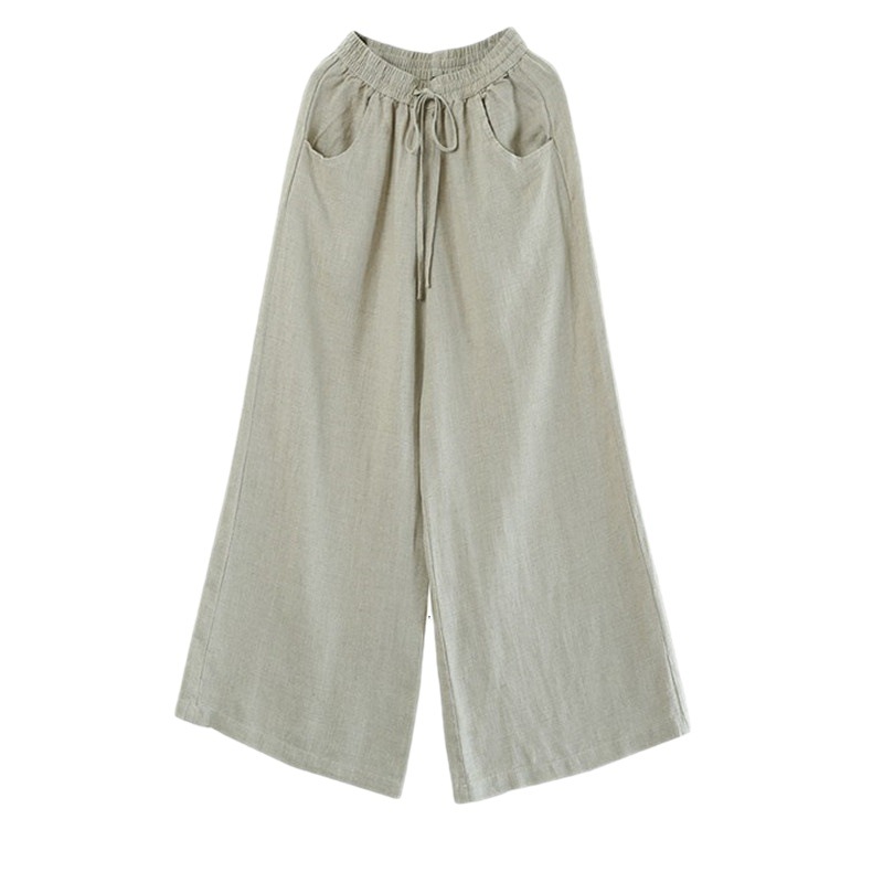 2025 春と秋の新ソリッドカラー文学レトロコットンとリネンカジュアルパンツハイウエストルーズフロアレングスストレートワイドレッグパンツ女性のための