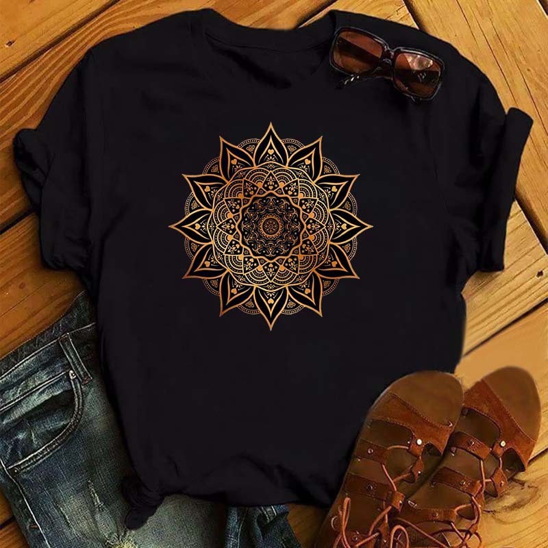 Maycaur New Mandala Floral Printed t Shirt Women Casual Fashion