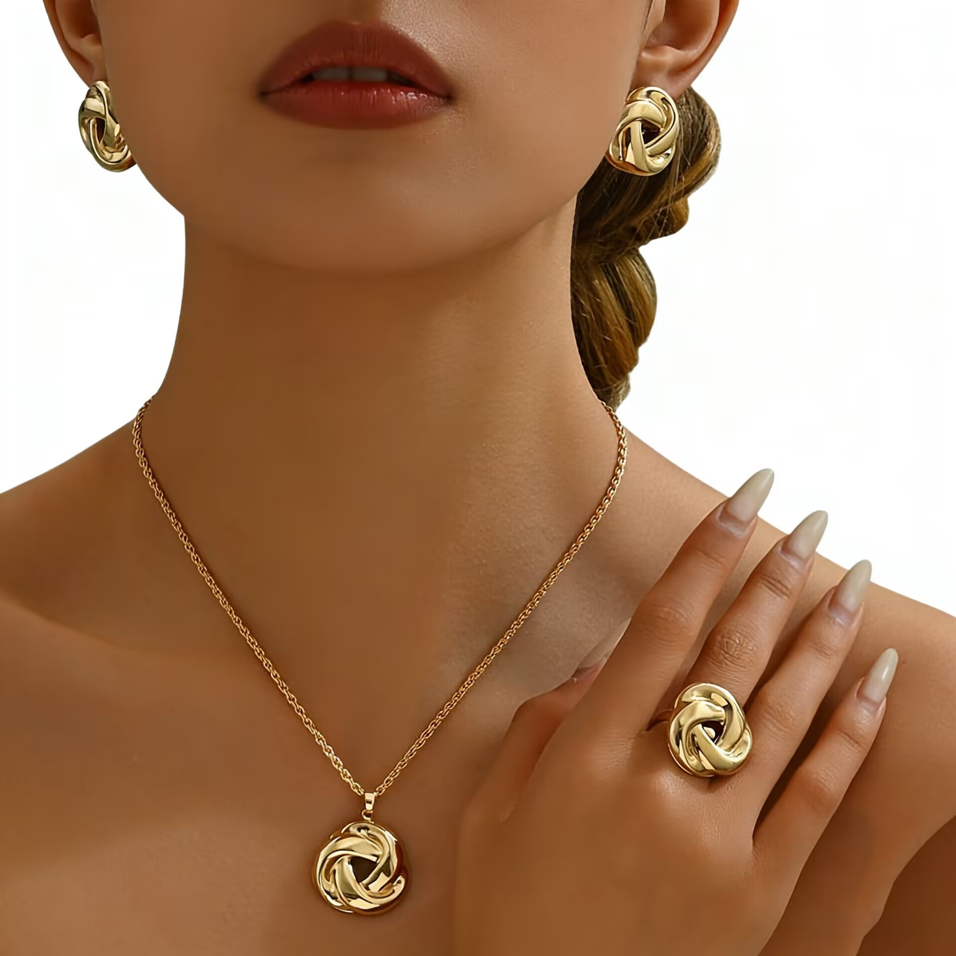 欧美跨境麻花环形镂空项链耳坠和戒指套装气质优雅百搭适合日常通