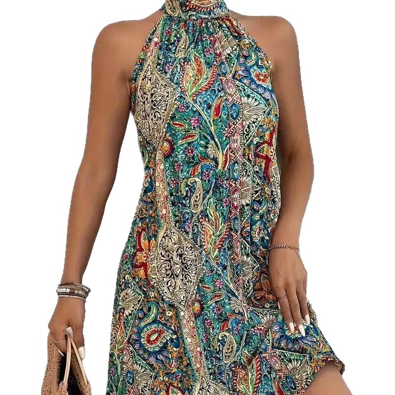 Women's Bohemian Style Pullover Sleeveless Halterneck Temperament Dress Beach Resort Style_ecoleips.com