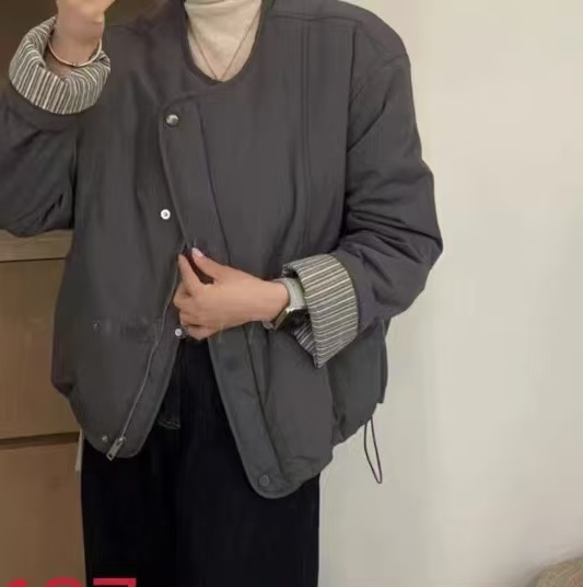 (2개) 패션 라운드 넥 다이아몬드 격자 무늬 코튼 코트 여성의 2024 가을 및 겨울 새로운 캐주얼 루즈 올 매치 쇼트 코튼 코트