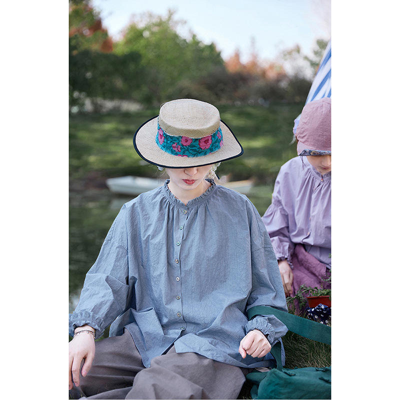 Spring New Style Literary Retro Original Light Chinese Style White Group Blue Cotton and Linen Lace Collar Loose Casual Shirt