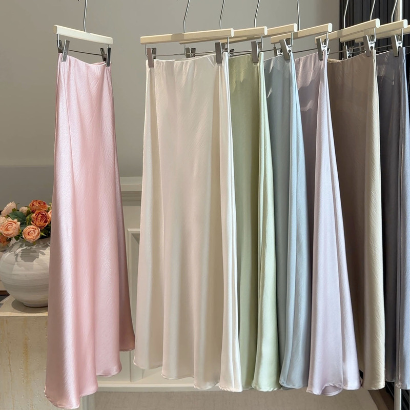 2026 Spring Tall Women's Acetate Glossy Satin Mermaid Skirt High Waist Draped A-Line Slimming Long Skirt