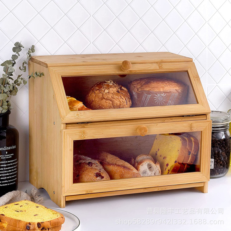 Cross-border Wooden Cake Box Bread Storage Box Bamboo Bread Box with Transparent Glass Kitchen Double-layer Storage Box