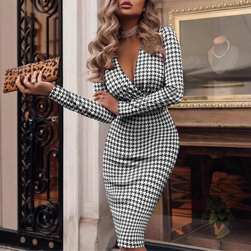 Wish Independent Store Autumn/Winter Sexy Long-Sleeve V-Neck Bodycon Printed Dress for Women