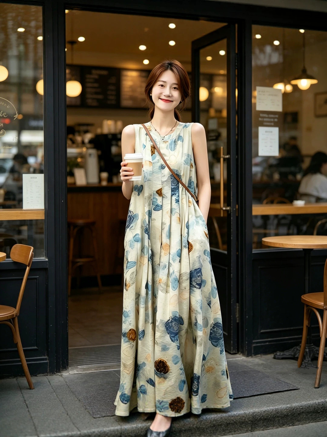 Đầm maxi nữ thắt eo cổ tròn không tay họa tiết hoa nhí — Váy in màu xanh