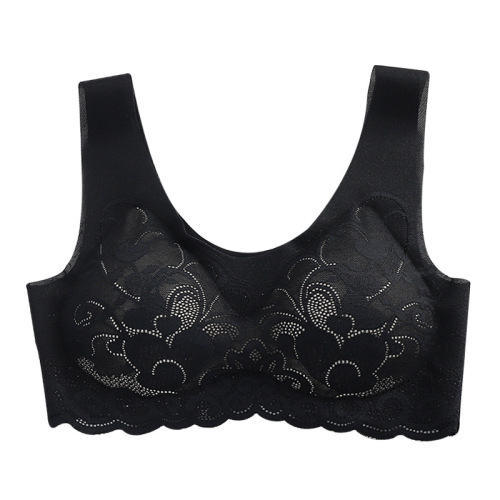 One-piece ice silk seamless no rims contrasting color push-up large size lace vest style sports bra for women