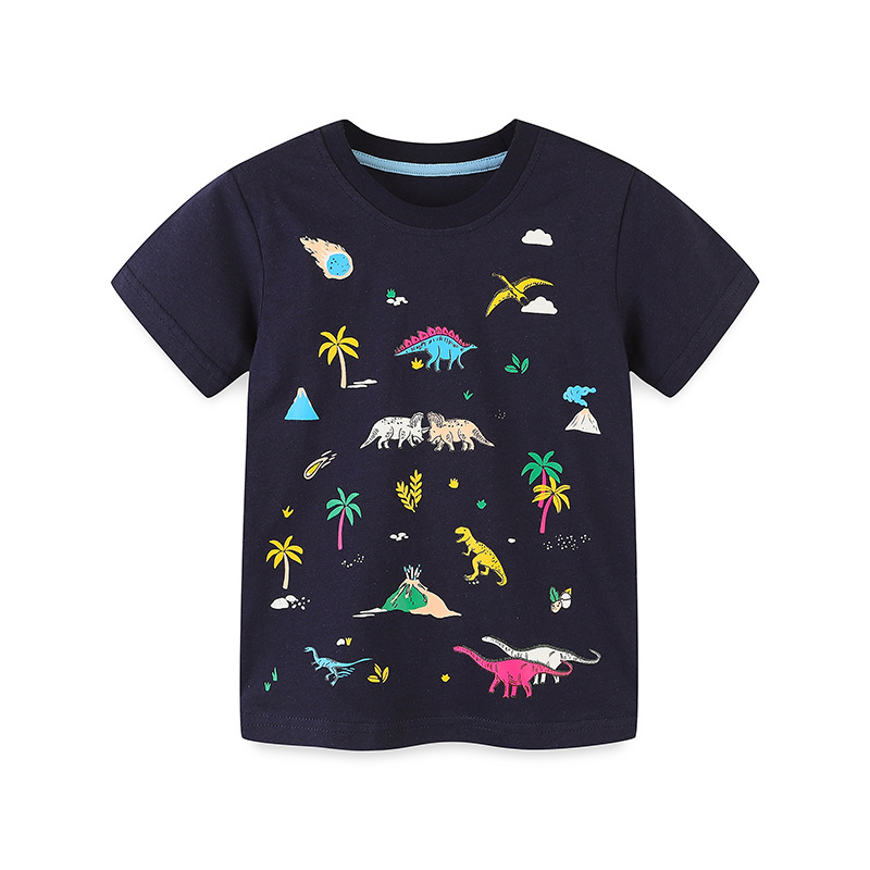Camiseta de manga corta para niños de verano de estilo europeo y americano para niños dinosaurio de dibujos animados impreso casual Top bebé camisa de fondo de algodón