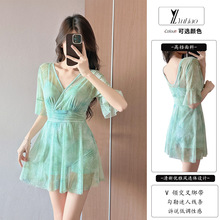 高级性感新款大码游泳衣女新款纯欲连体裙遮肚显瘦胖妹温泉夏泳装