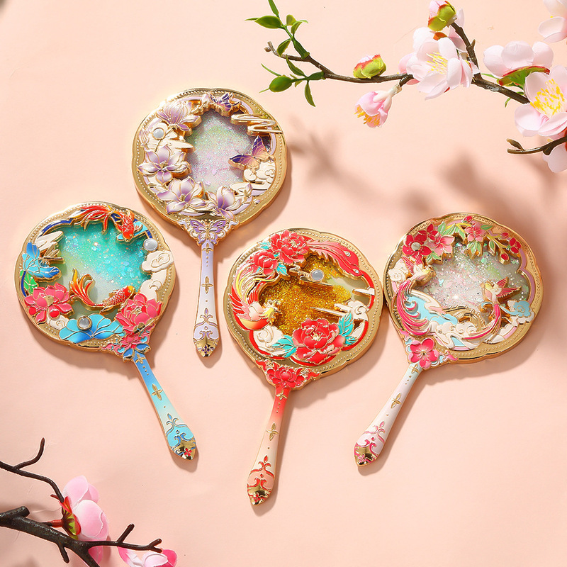New Chinese-Style Flowing Sand Handheld Vintage Mirror with Flower and Bird Phoenix Relief, Cultural and Creative Portable Makeup Mirror Wholesale New Chinese-Style Flowing Sand Handheld Vintage Mirror with Flower and Bird Phoenix Relief, Cultural and Creative Portable Makeup Mirror Wholesale