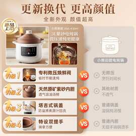 小熊微压电炖锅煲DDG-K30H1汤砂锅家用紫砂锅全自动炖汤煮粥3L容
