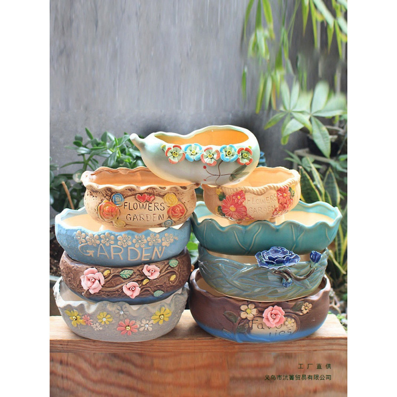 Large-Diameter Ceramic Succulent Flower Pot, Ceramic Succulent Plant Combination Arrangement, Coarse Pottery Extra-Large Flower Pot for Home Use