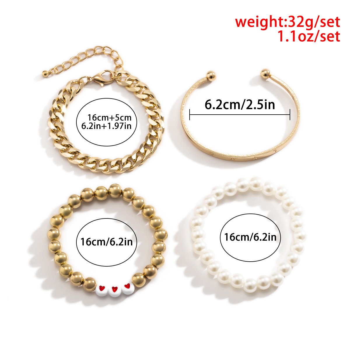 Hip-hop Texture Heart Round Bead Imitional Pearl Bracelet Set display picture 3