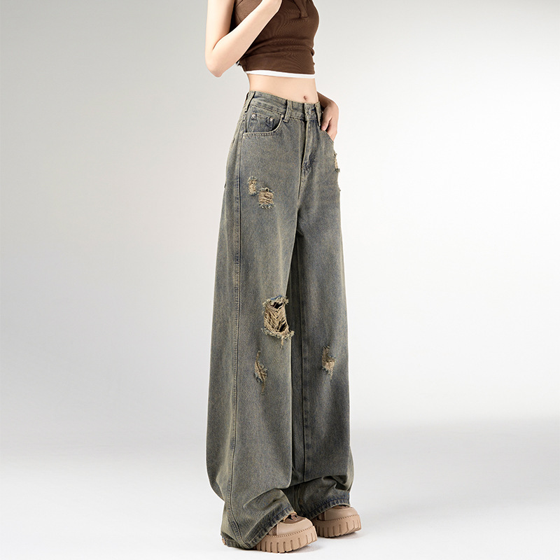 Small Retro Ripped Straight Jeans Women's Spring and Summer Thin Design Sense All-match Loose High Waist Wide Leg Pants