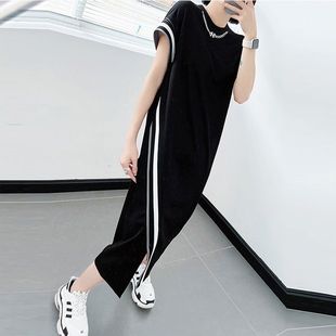 Plus-Size European-Style Slit Dress for Women, Large Size Short-Sleeve T-Shirt, Over-The-Knee Loose Slimming Chain Long Dress for Summer