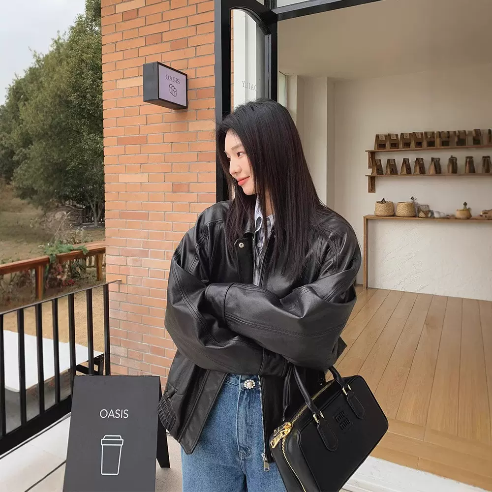 “街头画报”新款羊皮机车夹克皮衣外套女春