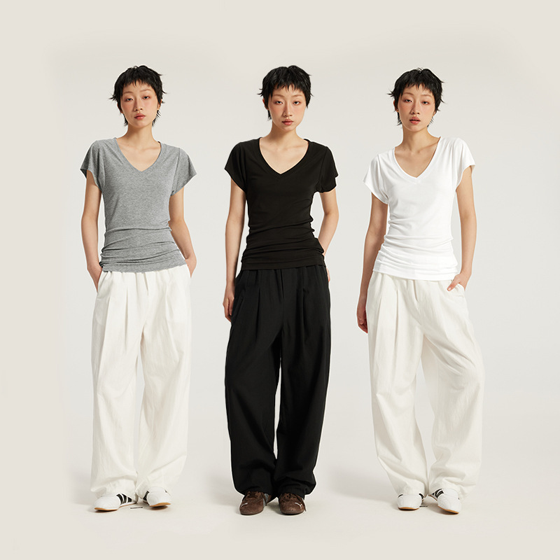 Teeshe Women's Clothing Lyocell Tencel ™ V-Neck Layered T-Shirt 25 Spring/Summer 7A Antibacterial Slim Fit Short-Sleeve for Women