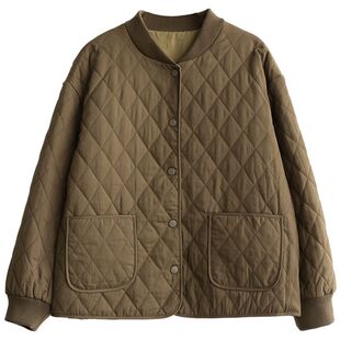 Cross-border Japanese Vintage Artistic Winter Baseball Collar Rhombus Quilted Cotton-padded Coat Loose Casual Cotton-padded Jacket Coat Women