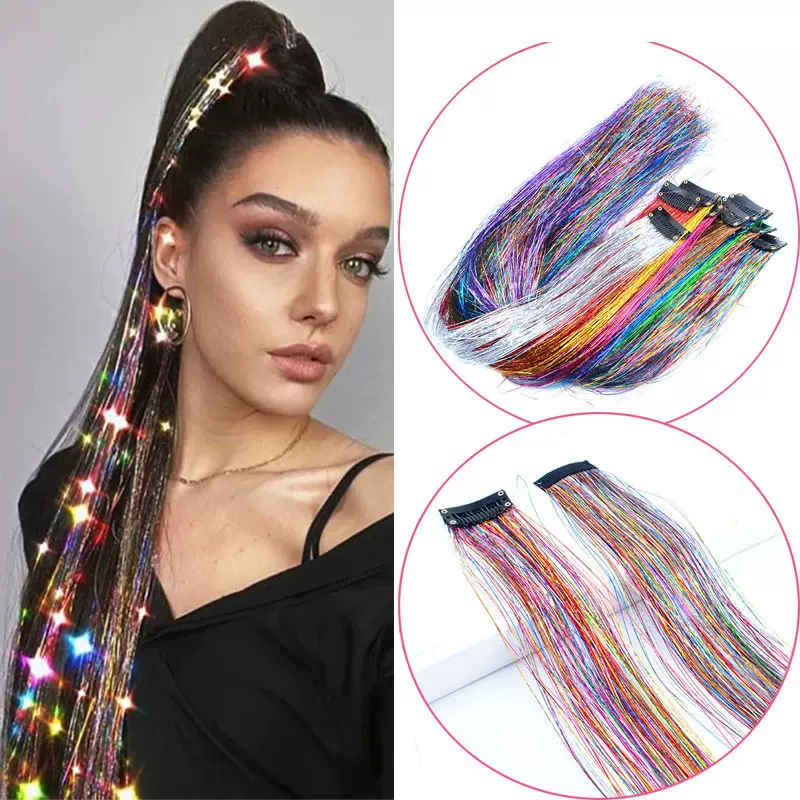 跨境外贸炫彩镭射发丝彩色夹发片直发片金丝七彩亮丝镭射丝