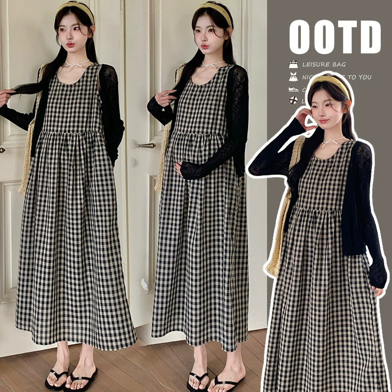 Летнее платье для беременных в корейском стиле в ленивом стиле, простое клетчатое платье-жилет + модный кардиган, свободный повседневный комплект из двух предметов