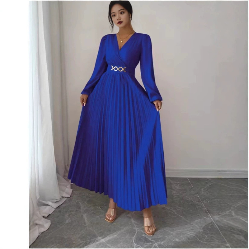 European and American Style V-Neck Long-Sleeve Pleated Dress, High-Waisted with Metal Buckle, Solid Color, Large Hem, Long Skirt, Plus-Size Women's Clothing for Export European and American Style V-Neck Long-Sleeve Pleated Dress, High-Waisted with Metal Buckle, Solid Color, Large Hem, Long Skirt, Plus-Size Women's Clothing for Export