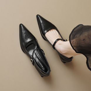 Weiwei Girl 108-1 French Pointed Single Shoes Women's Thick Heel with High Heels Elegant silver Mary Jane Shoes
