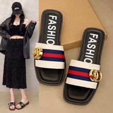 时尚年代复古潮流拖鞋女夏季新款韩版拼色耐磨防滑低跟轻便一字拖