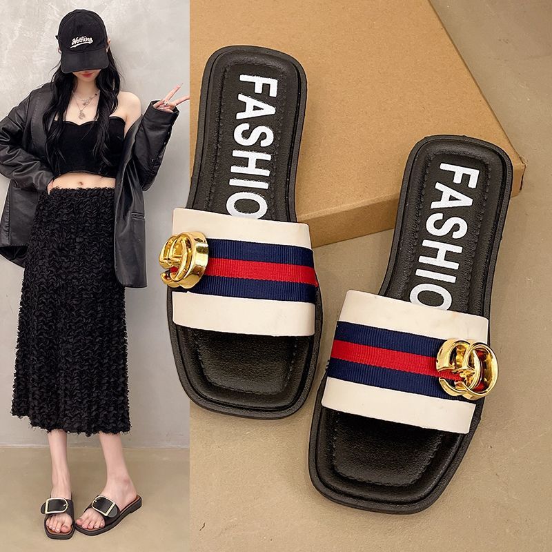 时尚年代复古潮流拖鞋女夏季新款韩版拼色耐磨防滑低跟轻便一字拖
