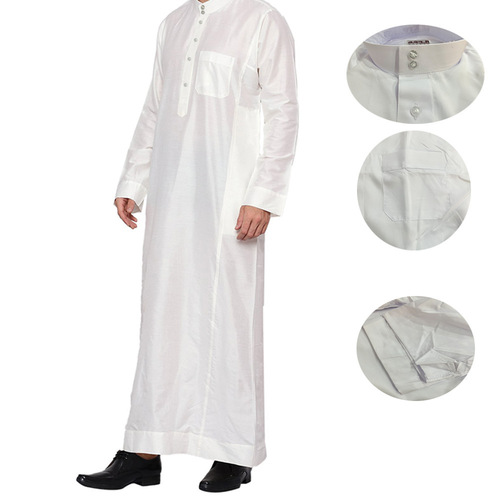 Polyester Men's Long Robe Qatar Stand Collar Robe Pocket Design Arabic Middle East Dubai Tour Clothing