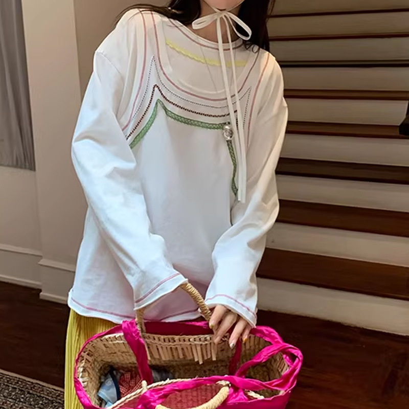 Relaxed Style Multi-Layered Color-Blocking Tape Splicing Raw Edge Round Neck Base T-Shirt New Style Mori Girl 2026 Spring